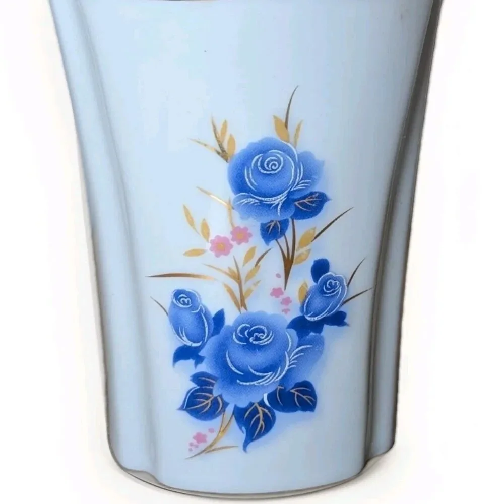 Vintage Tumbler Toothbrush Holder Blue Pink Flowers Gold Edge Japan Porcelain